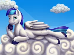 Size: 1600x1200 | Tagged: safe, artist:shrineheart, derpibooru import, oc, oc:rainy, unofficial characters only, pegasus, pony, bedroom eyes, blue eyes, lying, smiling, solo, wings