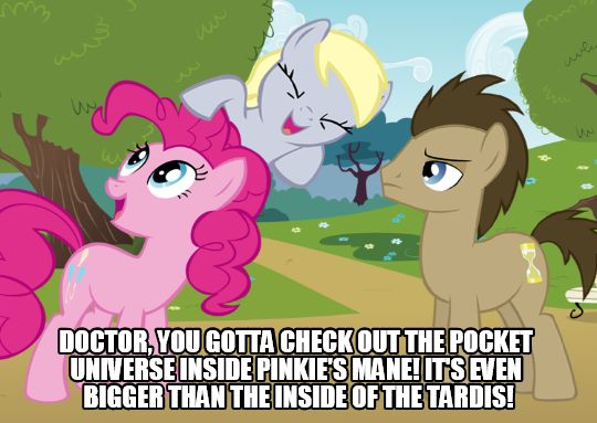 Size: 540x383 | Tagged: safe, derpibooru import, derpy hooves, doctor whooves, pinkie pie, time turner, pony, doctor whooves and assistant, afro, doctor whooves adventures, hammerspace, hammerspace hair, male, mane, pocket dimension, stallion, tardis