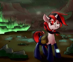 Size: 3000x2551 | Tagged: safe, artist:impcjcaesar, derpibooru import, oc, oc:blackjack, unofficial characters only, cyborg, pony, unicorn, fallout equestria, fallout equestria: project horizons, fanfic, fanfic art, hoofington, level 2 (project horizons), rain, solo, the core