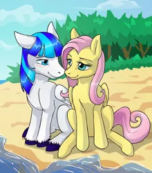 Size: 1194x1354 | Tagged: safe, artist:kristkc, derpibooru import, fluttershy, oc, oc:rainy, pegasus, pony, blue eyes, blushing, canon x oc, looking at each other, shipping, wings