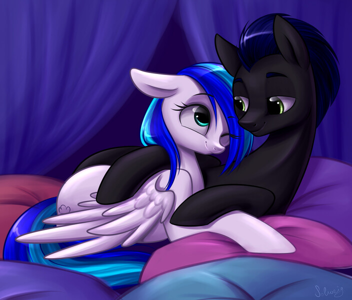 Size: 2162x1843 | Tagged: safe, artist:solweig, derpibooru import, oc, oc:rainy, unofficial characters only, pegasus, pony, bed, bedroom eyes, cuddling, cute, eye contact, female, floppy ears, hug, male, mare, prone, rule 63, side, smiling, snuggling, stallion, straight, wink