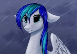 Size: 1475x1052 | Tagged: safe, artist:solweig, derpibooru import, oc, oc:rainy, unofficial characters only, pegasus, pony, blue eyes, rain, sad, solo, wings