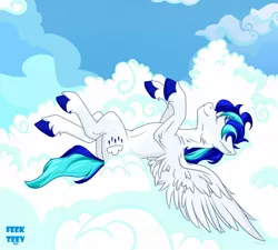 Size: 1137x1024 | Tagged: safe, artist:feekteev, derpibooru import, oc, oc:rainy, unofficial characters only, pegasus, pony, cloud, cloudy, eyes closed, on back, smiling, solo, spread wings, wings