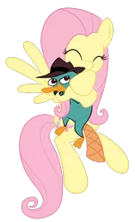 Size: 768x1260 | Tagged: artist:sugumi-gumi, crossover, cute, derpibooru import, fluttershy, hug, perry the platypus, phineas and ferb, platypus, safe, shyabetes, simple background, transparent background, vector