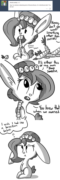 Size: 726x2178 | Tagged: safe, artist:tjpones, derpibooru import, oc, oc:brownie bun, unofficial characters only, pony, rabbit, horse wife, ask, carrot, eating, monochrome, offscreen character, solo, species swap, thinking, tumblr