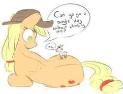 Size: 1139x869 | Tagged: safe, artist:nobody, derpibooru import, applejack, oc, oc:goatmod, goat, pony, :p, dialogue, frown, giant pony, glare, macro, side, size difference, sketch, tongue out, wide eyes