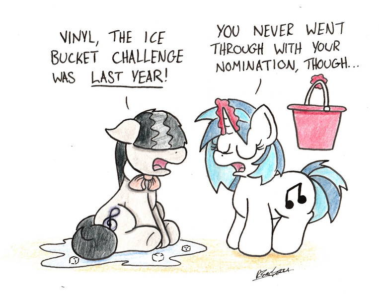 Size: 1826x1435 | Tagged: safe, artist:bobthedalek, derpibooru import, octavia melody, vinyl scratch, earth pony, pony, unicorn, bucket, dialogue, duo, eyes closed, frown, hair over eyes, hidden eyes, ice bucket challenge, open mouth, puddle, text, traditional art, wet, wet mane