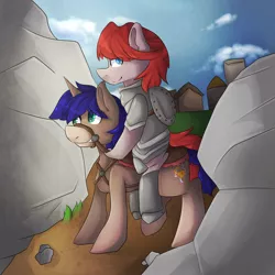 Size: 3000x3000 | Tagged: armor, artist:oddends, building, cloud, cloudy, derpibooru import, fantasy class, knight, oc, ponies riding ponies, reins, rock, saddle, safe, smiling, unofficial characters only, warrior