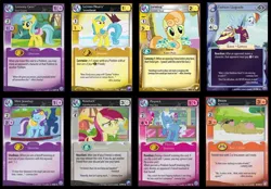 Size: 1198x835 | Tagged: safe, derpibooru import, bessie, diamond mint, junebug, lemon hearts, lemony gem, pokey pierce, rainbow dash, roseluck, cow, earth pony, pegasus, pony, unicorn, animal team, background pony, card, ccg, clothes, deadpan snarker, enterplay, female, flower, flower in hair, male, mare, rainbow dash always dresses in style, saddle, skirt, stallion, tack, udder, winter wrap up vest