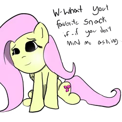 Size: 1500x1500 | Tagged: safe, artist:joejoekk, derpibooru import, fluttershy, pegasus, pony, cute, cutie mark, dialogue, female, firealpaca, mare, question, simple background, snacks, solo, transparent background