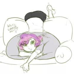 Size: 900x900 | Tagged: artist:moronsonofboron, big breasts, breasts, busty sweetie belle, clothes, couch, derpibooru import, dialogue, female, huge breasts, human, humanized, hyper breasts, impossibly large breasts, innocent, lewd, looking up, oppai loli, shirt, shorts, solo, solo female, suggestive, sweetie belle
