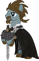 Size: 597x939 | Tagged: safe, artist:xenoneal, derpibooru import, oc, oc:framerate, ponified, unofficial characters only, earth pony, pony, .svg available, clothes, cosplay, costume, eddard stark, game of thrones, leaning, male, ned stark, simple background, solo, stallion, svg, sword, transparent background, vector, weapon, winter is coming
