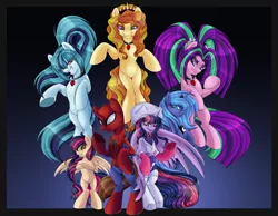 Size: 2500x1943 | Tagged: safe, artist:blackfreya, derpibooru import, adagio dazzle, aria blaze, princess luna, sonata dusk, twilight sparkle, twilight sparkle (alicorn), oc, oc:mayday parker sparkle, alicorn, pony, amethyst sorceress, crossover, crossover shipping, offspring, parent:peter parker, parent:twilight sparkle, parents:spidertwi, peter parker, spider-man, spiders and magic iv: the fall of spider-mane, spiders and magic: rise of spider-mane, spidertwi, the dazzlings