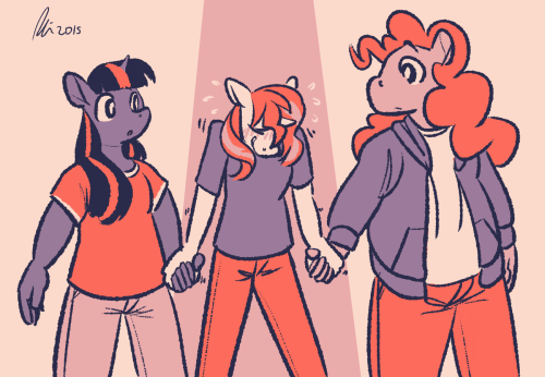 Size: 500x346 | Tagged: safe, artist:rwl, derpibooru import, pinkie pie, sunset shimmer, twilight sparkle, anthro, awkward, chubby, fat, female, group sex, holding hands, lesbian, limited palette, ot3, polyamory, shipping, size difference, sunlightpie, sunsetpie, sunsetsparkle, sweat, threesome, twinkie