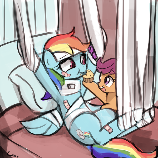 Size: 750x750 | Tagged: safe, artist:lumineko, derpibooru import, rainbow dash, scootaloo, pegasus, pony, rainbow falls, 45 minute art challenge, armpits, cute, cutealoo, feeding, feignbow dash, female, filly, looking at each other, mare, muffin, open mouth, pretending