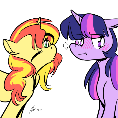 Size: 500x500 | Tagged: safe, artist:rwl, derpibooru import, sunset shimmer, twilight sparkle, pony, :t, awkward, blushing, female, imminent kissing, kissing, kissy face, lesbian, shipping, sunsetsparkle, tsundere, tsunlight sparkle