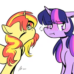 Size: 500x500 | Tagged: safe, artist:rwl, derpibooru import, sunset shimmer, twilight sparkle, pony, :t, awkward, blushing, female, imminent kissing, kissing, kissy face, lesbian, shipping, sunsetsparkle, tsundere, tsunlight sparkle