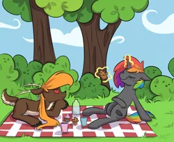 Size: 1228x1000 | Tagged: safe, artist:deereelicious, derpibooru import, oc, oc:deereelicious, oc:eevee, oc:krylone, unofficial characters only, deer, doe, explicit source, female, heart eyes, image, magic, muffin, outdoors, picnic, png, telekinesis, unshorn fetlocks, wingding eyes