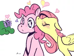 Size: 1200x900 | Tagged: safe, artist:rwl, derpibooru import, fluttershy, pinkie pie, twilight sparkle, twilight sparkle (alicorn), alicorn, pony, bush, female, flutterpie, heart, kiss on the cheek, kissing, lesbian, mare, ot3, polyamory, question mark, shipper on deck, shipping, twinkie, twishy, twishypie