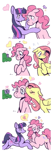 Size: 1310x3740 | Tagged: safe, artist:rwl, derpibooru import, fluttershy, pinkie pie, twilight sparkle, twilight sparkle (alicorn), alicorn, pony, blushing, bush, comic, female, flutterpie, happy, heart, kiss on the cheek, kissing, lesbian, mare, ot3, polyamory, question mark, sad, shipping, sweat, twinkie, twishy, twishypie, wingding eyes