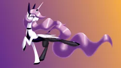 Size: 1280x720 | Tagged: artist:thelonecrow, bunny ears, bunnylestia, bunny suit, clothes, derpibooru import, female, horn ring, horseshoes, lipstick, playboy bunny, pose, princess celestia, princess molestia, raised leg, solo, solo female, suggestive