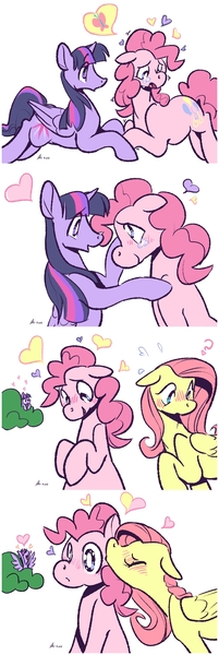 Size: 1220x3650 | Tagged: safe, artist:rwl, derpibooru import, fluttershy, pinkie pie, twilight sparkle, twilight sparkle (alicorn), alicorn, pony, blushing, bush, comic, female, flutterpie, happy, heart, kiss on the cheek, kissing, lesbian, mare, ot3, polyamory, question mark, sad, shipper on deck, shipping, sweat, twinkie, twishy, twishypie, wingding eyes