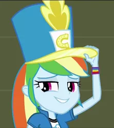 Size: 596x671 | Tagged: safe, derpibooru import, screencap, rainbow dash, equestria girls, friendship games, chs rally song, clothes, hat, shako, smiling, solo, tips fedora