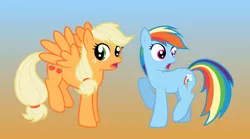 Size: 1275x711 | Tagged: safe, artist:ohemo, derpibooru import, applejack, rainbow dash, earth pony, pegasus, pony, earth pony rainbow dash, flapplejack, missing accessory, race swap, shocked