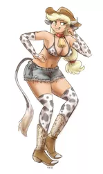 Size: 762x1280 | Tagged: applejack, armpits, artist:king-kakapo, belly button, bikini, boots, breasts, cleavage, clothes, cow, cowbell, cow girl, cowkini, cowprint, cow swimsuit, daisy dukes, derpibooru import, eared humanization, female, freckles, horned humanization, human, humanized, solo, solo female, species swap, stockings, string bikini, suggestive, swimsuit, tailed humanization