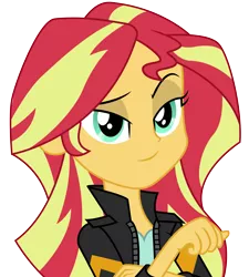 Size: 4037x4476 | Tagged: safe, artist:illumnious, derpibooru import, sunset shimmer, equestria girls, friendship games, absurd resolution, clothes, leather jacket, looking at you, raised eyebrow, simple background, smug, smugface, solo, transparent background, vector