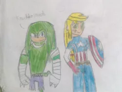 Size: 1024x768 | Tagged: safe, artist:brandonale, derpibooru import, applejack, equestria girls, appleknux, captain america, clothes, cosplay, costume, crossdressing, crossover, knuckles the echidna, sonic boom, sonic the hedgehog (series), the incredible hulk, traditional art