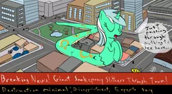 Size: 1300x712 | Tagged: safe, artist:hypnopony, artist:mightyshockwave, derpibooru import, lyra heartstrings, lamia, original species, pony, city, destruction, giant pony, giantess, macro, news, solo, wat