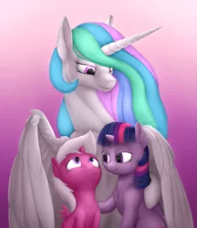 Size: 1423x1648 | Tagged: safe, artist:zippysqrl, derpibooru import, princess celestia, twilight sparkle, twilight sparkle (alicorn), oc, oc:aurora solar, alicorn, pony, age regression, cover art, hug, winghug