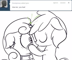 Size: 600x500 | Tagged: artist:a6p, ask dinky doo, derpibooru import, dinkybelle, dinky hooves, female, kissing, lesbian, meanie belle, monochrome, safe, shipping, sweetie belle, tumblr