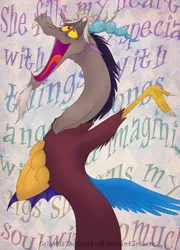 Size: 576x800 | Tagged: safe, artist:celestiathegreatest, derpibooru import, discord, andy williams, love story, singing, solo, song reference, where do i begin