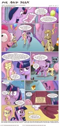 Size: 1045x2190 | Tagged: safe, artist:saturdaymorningproj, derpibooru import, fluttershy, twilight sparkle, twilight sparkle (alicorn), alicorn, pony, comic:pie and seek, balloon, clothes, clue, comic, covering, doll, female, five nights at freddy's, mare, pinkie costume, pony costume, toy