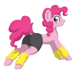 Size: 1100x1100 | Tagged: artist:codras, clothes, compression shorts, derpibooru import, dock, female, leg warmers, pinkie pie, plot, simple background, solo, solo female, stretching, suggestive, transparent background, yoga pants