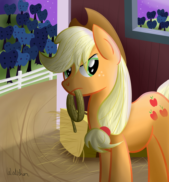 Size: 2877x3094 | Tagged: safe, artist:colonelwalther, derpibooru import, applejack, barn, hay, mouth hold, night, rope, solo, sweet apple acres