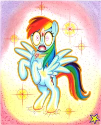 Size: 800x987 | Tagged: artist:ziemospendric, crossover, derpibooru import, element of loyalty, glowing eyes, infinity gems, marvel, open mouth, power gem, rainbow dash, rearing, safe, solo, spread wings, traditional art