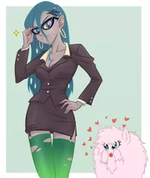 Size: 1080x1285 | Tagged: safe, artist:ta-na, derpibooru import, queen chrysalis, oc, oc:fluffle puff, human, equestria girls, :p, business suit, businessalis, businessmare, canon x oc, chrysipuff, cleavage, clothes, dress, dress suit, equestria girls-ified, fangs, female, garters, glasses, heart, holey clothes, humanized, lesbian, looking at you, shipping, side slit, skirt, skirt suit, socks, stockings, suit, thigh highs, tongue out, tube skirt, zettai ryouiki