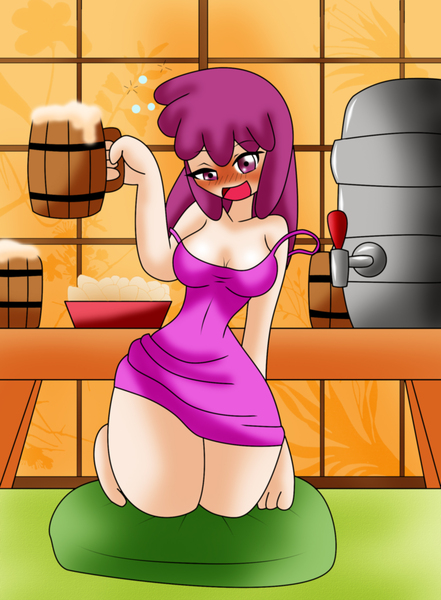 Size: 1627x2215 | Tagged: alcohol, apple cider, artist:lucky-jj, barefoot, berry punch, berryshine, blushing, chips, commission, derpibooru import, drunk, drunk bubbles, feet, food, human, humanized, kneeling, mug, solo, suggestive, wide hips