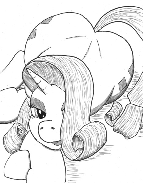 Size: 2500x3207 | Tagged: artist:bigmacintosh2000, bedroom eyes, both cutie marks, derpibooru import, female, hair over one eye, ink, looking at you, lying down, monochrome, rarity, solo, solo female, suggestive, traditional art