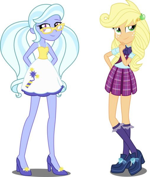 Size: 2345x2768 | Tagged: safe, artist:xebck, derpibooru import, applejack, sugarcoat, equestria girls, friendship games, alternate hairstyle, alternate universe, bowtie, clothes, clothes swap, crossed legs, crystal prep academy, crystal prep academy uniform, crystal prep shadowbolts, freckles, glasses, high heels, plaid skirt, pleated skirt, role reversal, school uniform, shoes, simple background, skirt, socks, transparent background, vector