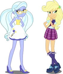 Size: 2345x2768 | Tagged: safe, artist:xebck, derpibooru import, applejack, sugarcoat, equestria girls, friendship games, alternate hairstyle, alternate universe, bowtie, clothes, clothes swap, crossed legs, crystal prep academy, crystal prep academy uniform, crystal prep shadowbolts, freckles, glasses, high heels, plaid skirt, pleated skirt, role reversal, school uniform, shoes, simple background, skirt, socks, transparent background, vector