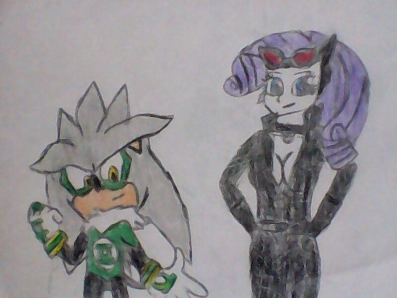 Size: 1024x768 | Tagged: safe, artist:brandonale, derpibooru import, rarity, equestria girls, catwoman, clothes, cosplay, costume, crossover, dc comics, green lantern, silvarity, silver the hedgehog, sonic the hedgehog (series), traditional art