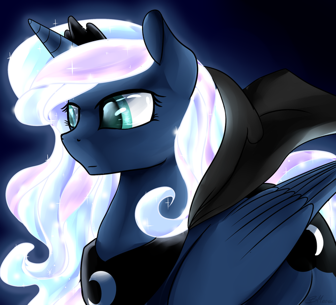 Size: 2048x1862 | Tagged: safe, artist:baldmoose, derpibooru import, princess luna, alternate hairstyle, cloak, clothes, ethereal mane, glowing mane, solo