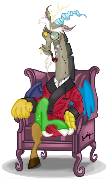 Size: 1425x2350 | Tagged: armchair, artist:konekokisses, bubble pipe, chair, derpibooru import, discord, like a sir, looking at you, safe, simple background, sir discord, solo