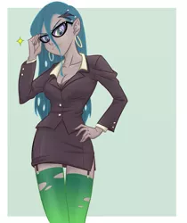 Size: 861x1024 | Tagged: safe, artist:ta-na, derpibooru import, edit, queen chrysalis, human, equestria girls, business suit, businessalis, businessmare, cleavage, clothes, dress, dress suit, equestria girls-ified, fangs, female, garters, glasses, holey clothes, humanized, looking at you, skirt, socks, solo, suit, thigh highs, zettai ryouiki