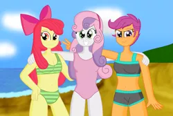 Size: 2815x1887 | Tagged: safe, artist:cyber-murph, derpibooru import, apple bloom, scootaloo, sweetie belle, equestria girls, bad anatomy, beach, belly button, bikini, clothes, cutie mark crusaders, group, group photo, one-piece swimsuit, small head, swimsuit