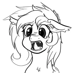 Size: 500x500 | Tagged: artist needed, safe, artist:bees, derpibooru import, oc, oc:nisha, unofficial characters only, bat pony, pony, /mlp/, braces, crying, drawthread, fangs, floppy ears, heart eyes, licking, monochrome, open mouth, sad, solo, teeth, tongue out, wingding eyes